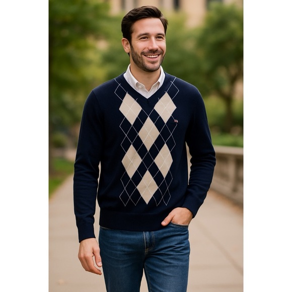 Tommy Hilfiger Mens Navy Beige Argyle V Neck Sweater 100% Cotton Size L - Picture 1 of 7